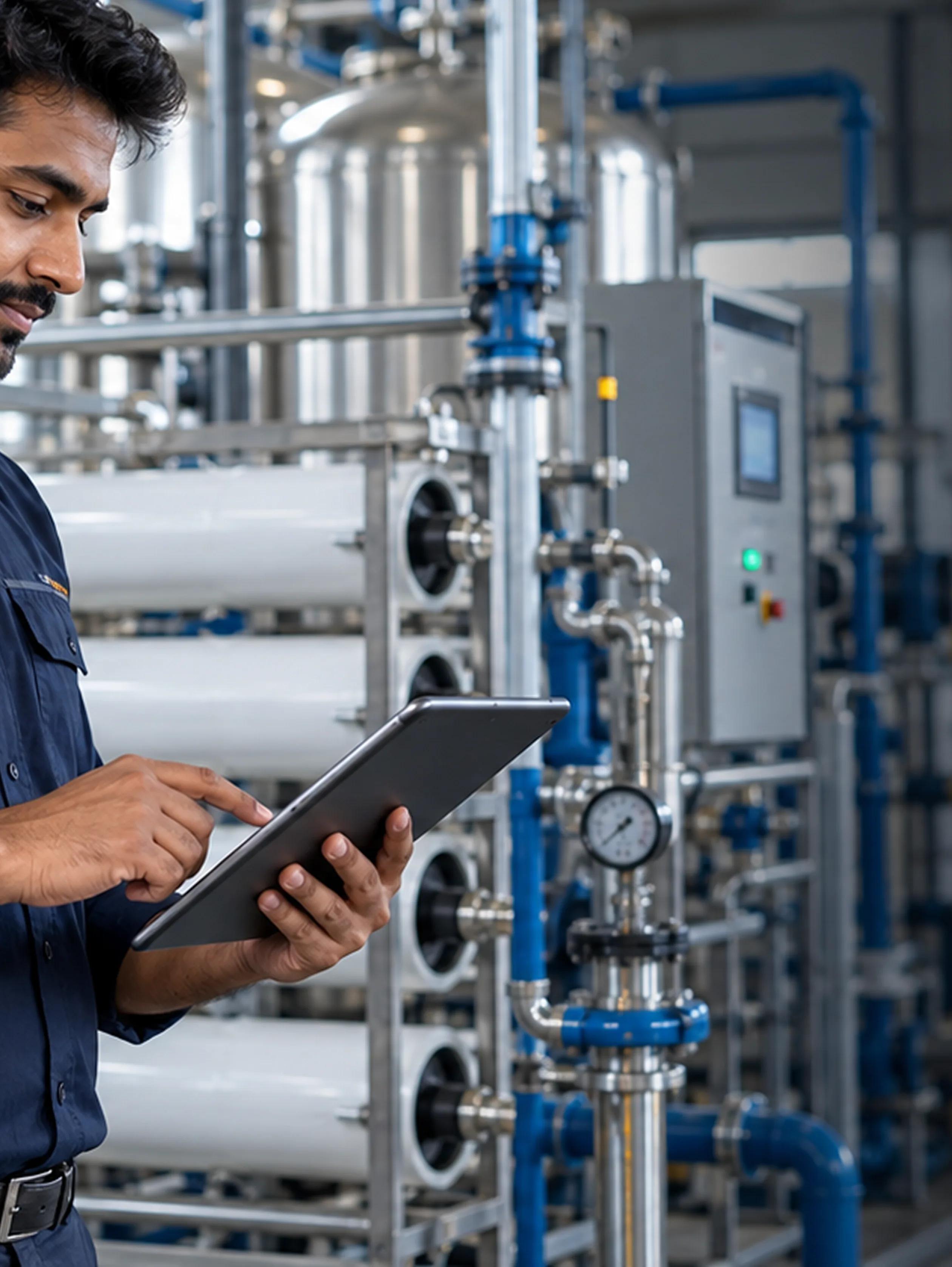 Technician checking an RO plant on a tablet