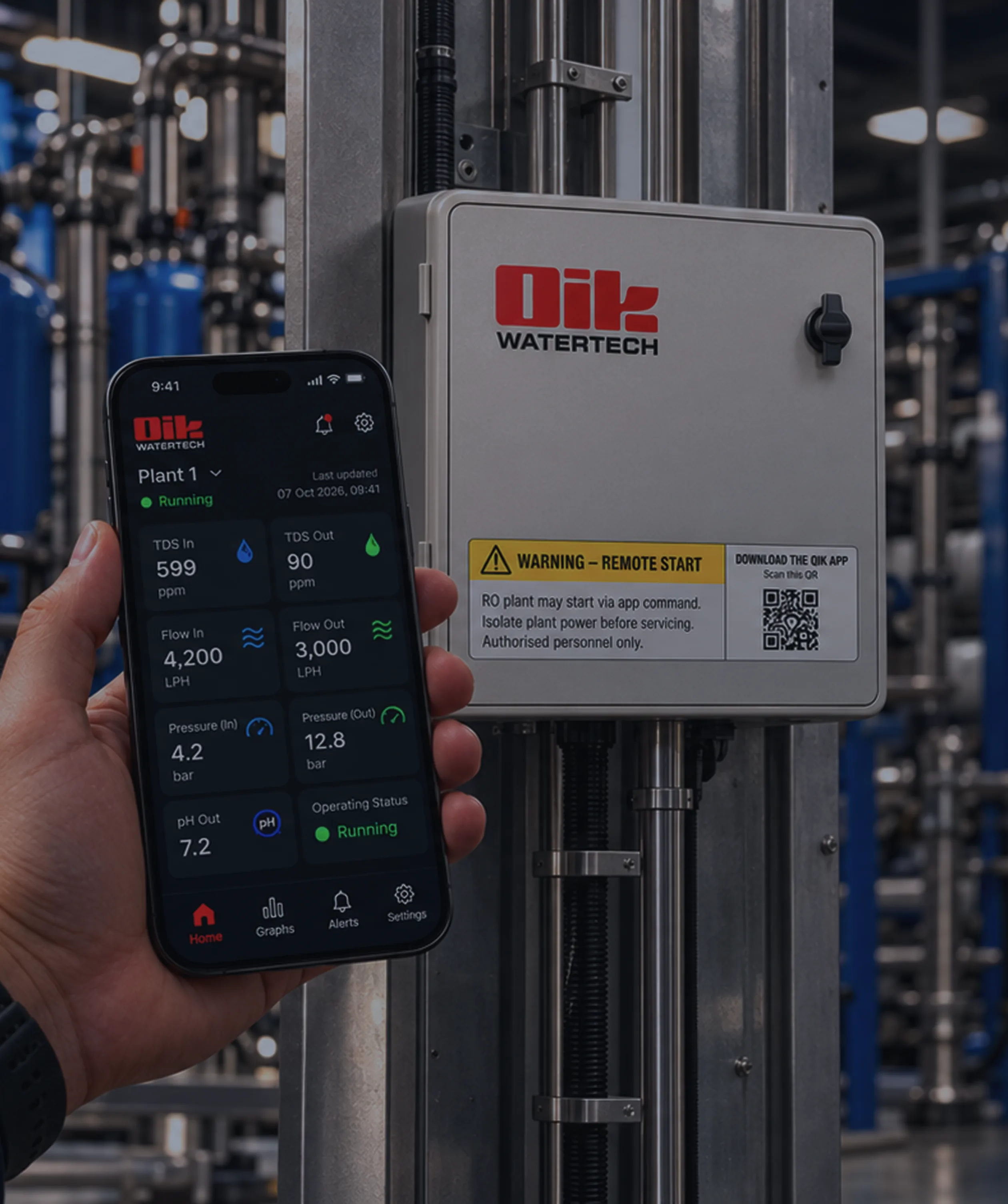 Qik app showing live RO plant readings next to a Qik control box