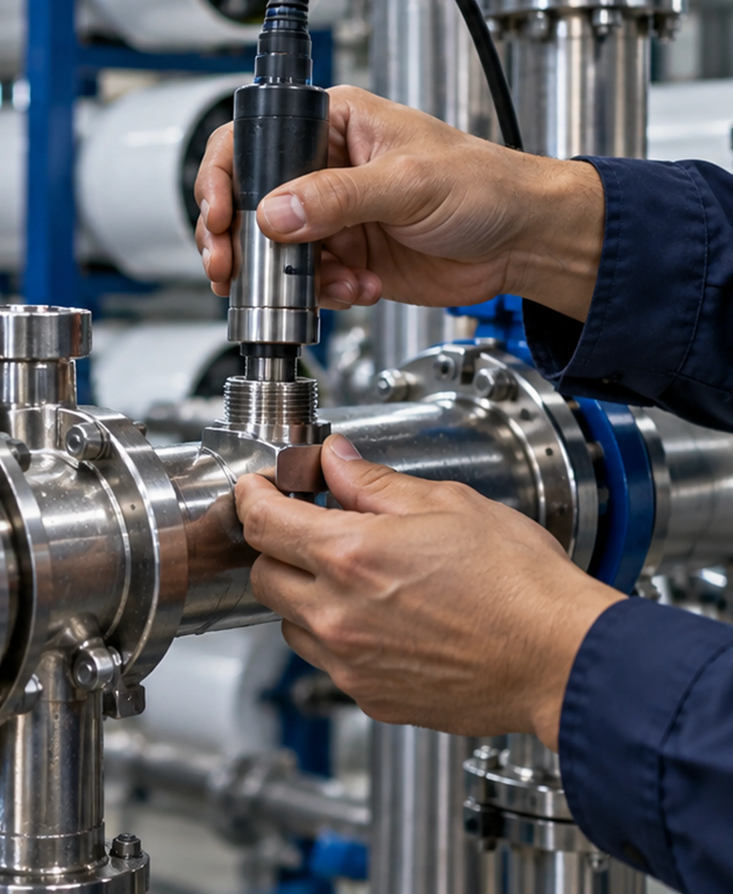 Technician fitting a sensor to RO plant piping
